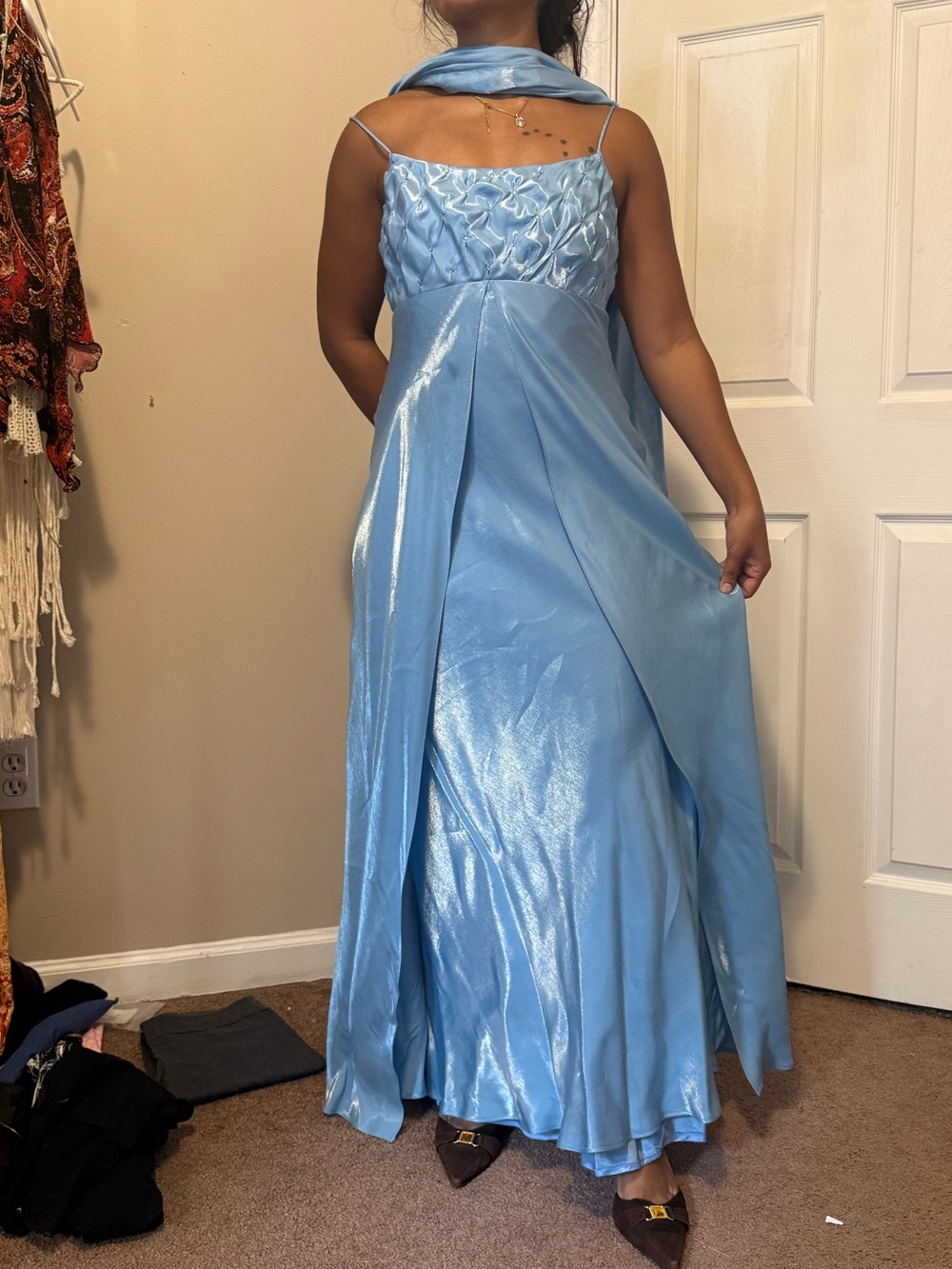 Jump Light Blue Satin Maxi Dress with Draped Scarf